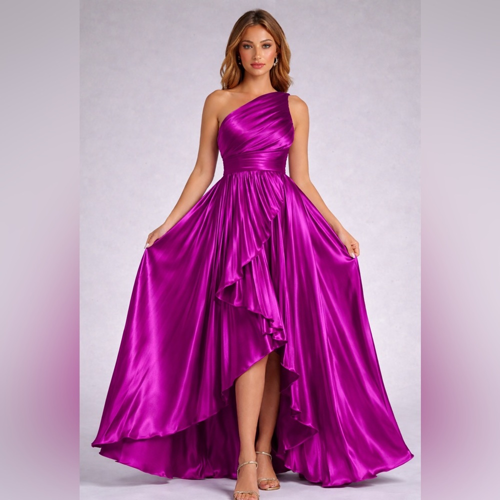 One-Shoulder Fuchsia Ruffled High-Low Evening Gown - Picture 2 of 5